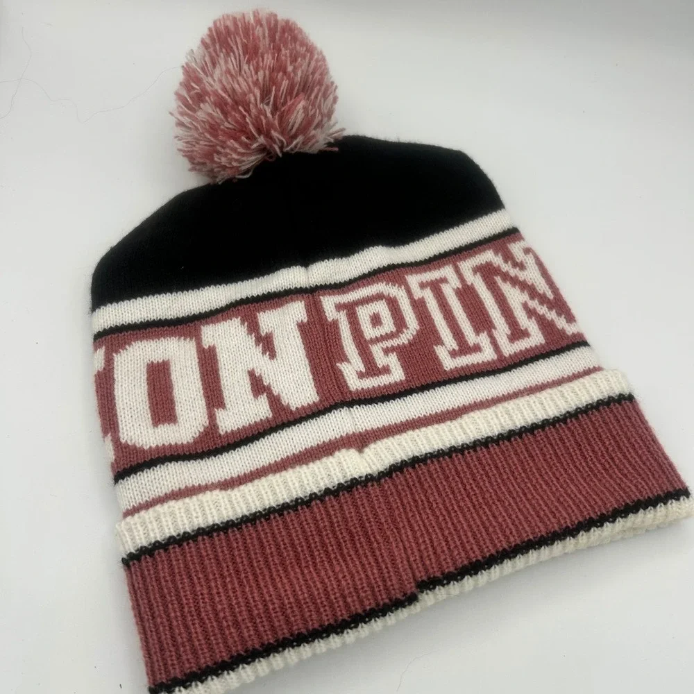 Victoria's Secret PINK Nation Pom Beanie Hat Black Maroon White OSITU Acrylic